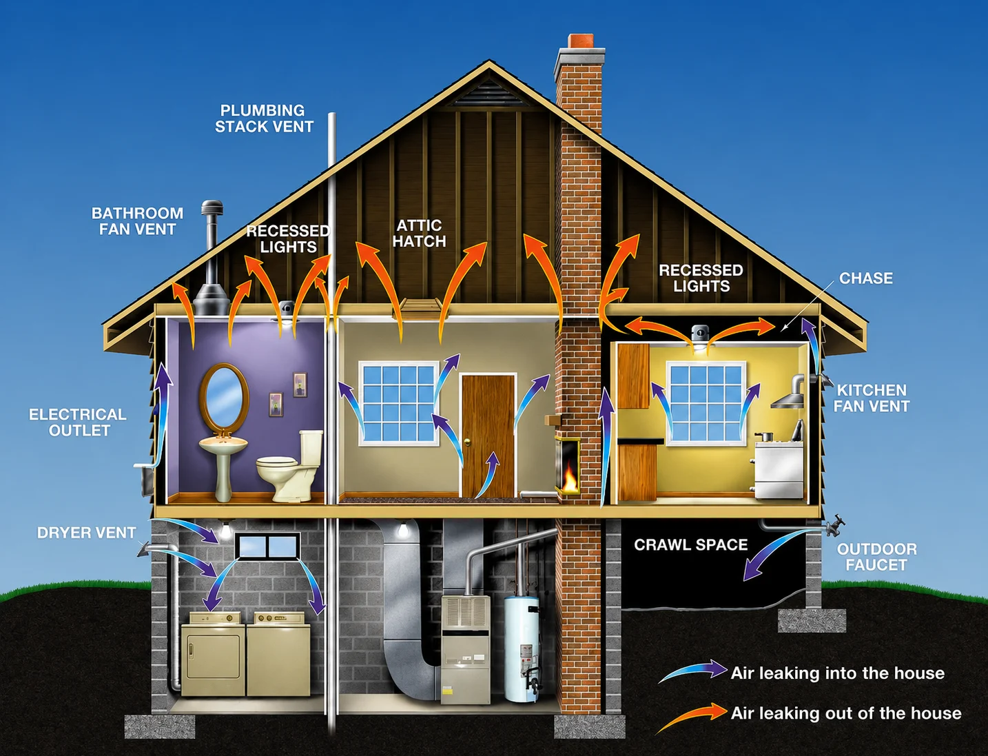 How To Cut Your Utility Bills And Stay Comfortable All Year Round 3 Infographic showing how attic insulation seals air leaks